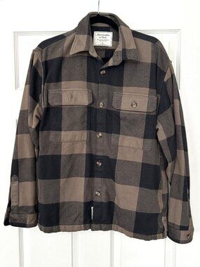 Abercrombie Fitch Shirt Jacket Mens Large Brown Black Plaid Heavyweight Shacket